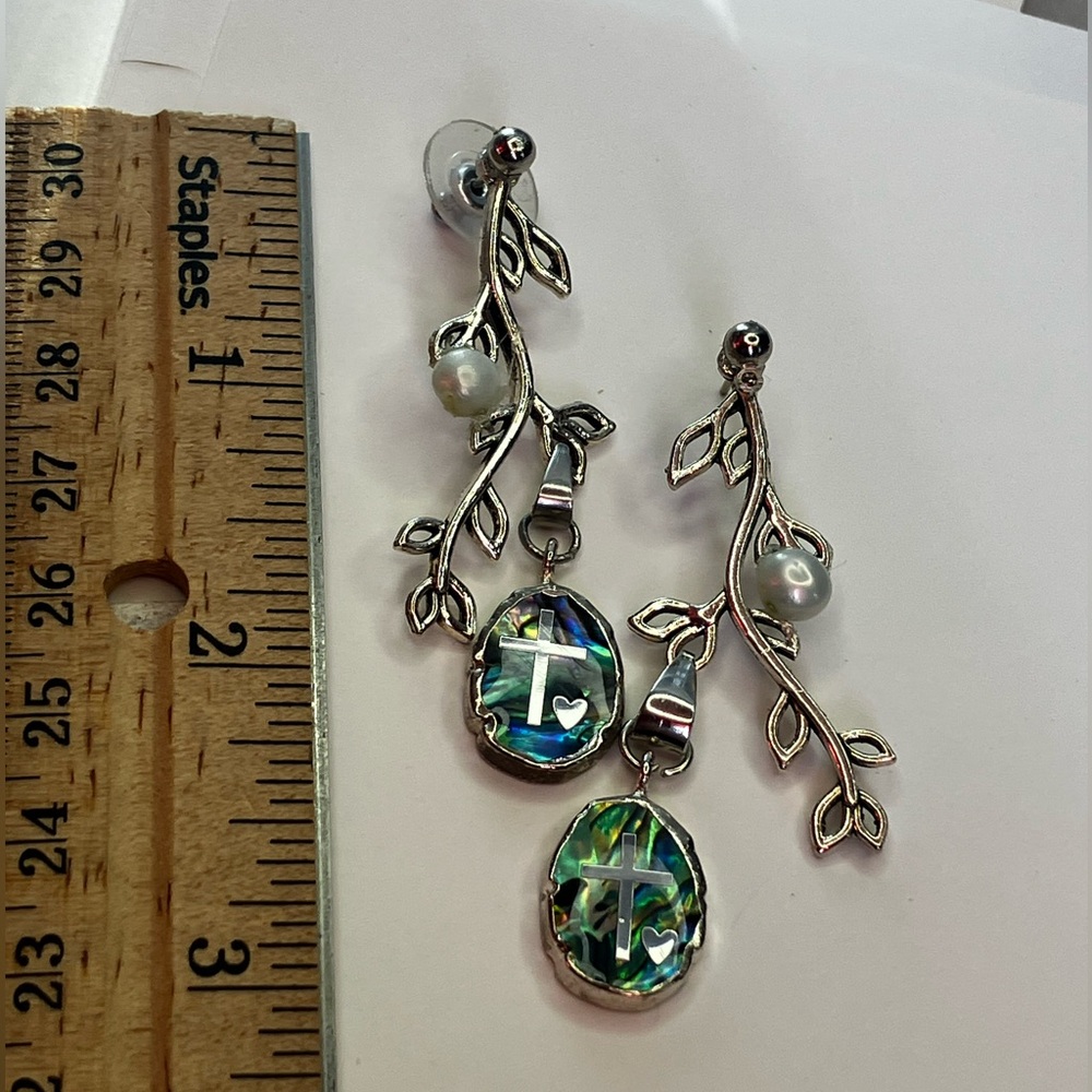 Handmade Silver Leaf Cross Heart earrings White pearl Aurora Barriles Charm - Picture 7 of 12